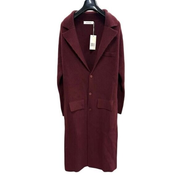 NWT Aya Muse Wool Ribbed Trench Coat Cardigan Longline Sweater Burgundy Large - Picture 1 of 8